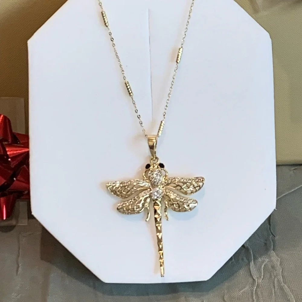 Elegant 14k Gold Plated Dragonfly Pendant Necklace - Picture 2 of 7